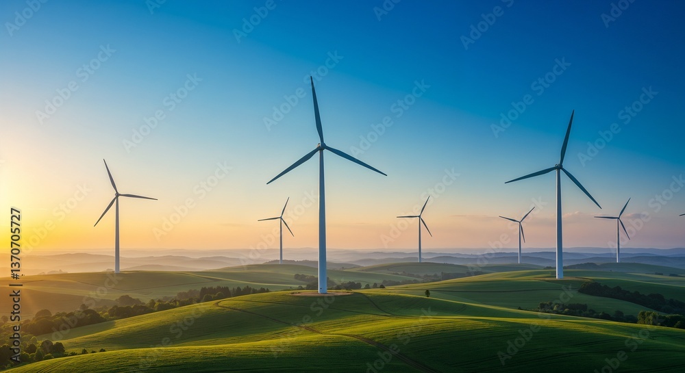 Wind turbines on green hills during sunset representing renewable energy