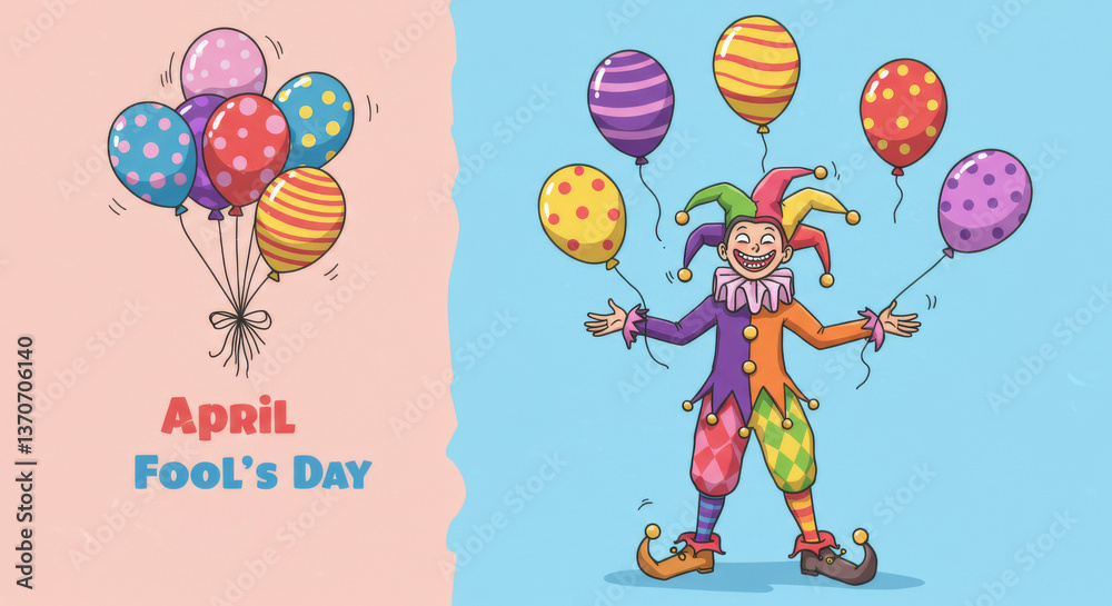 Naklejka premium Jester's April Fool's Day Balloons - A funny cartoon illustration of a jester with colorful balloons, symbolizing fun, laughter, pranks, surprises, and celebration. Perfect for April Fool's Day