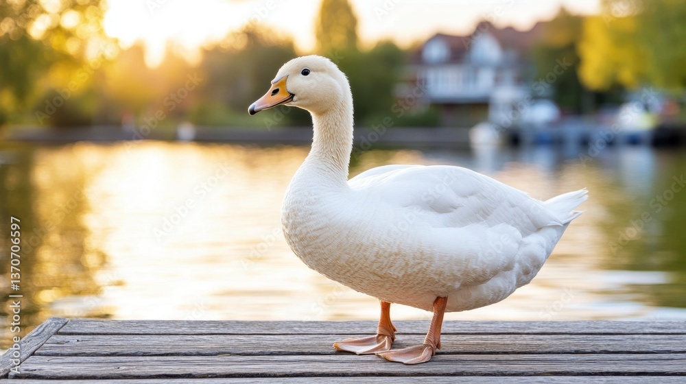 Obraz premium White goose standing on a wooden dock at sunset, golden hour light, calm water, blurry background with houses and boats.