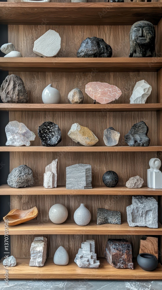 Contemporary Art Shelves Displaying Array of Abstract Designs and Shapes Contemporary Art Shelves Displaying Array of Abstract Designs and Shapes