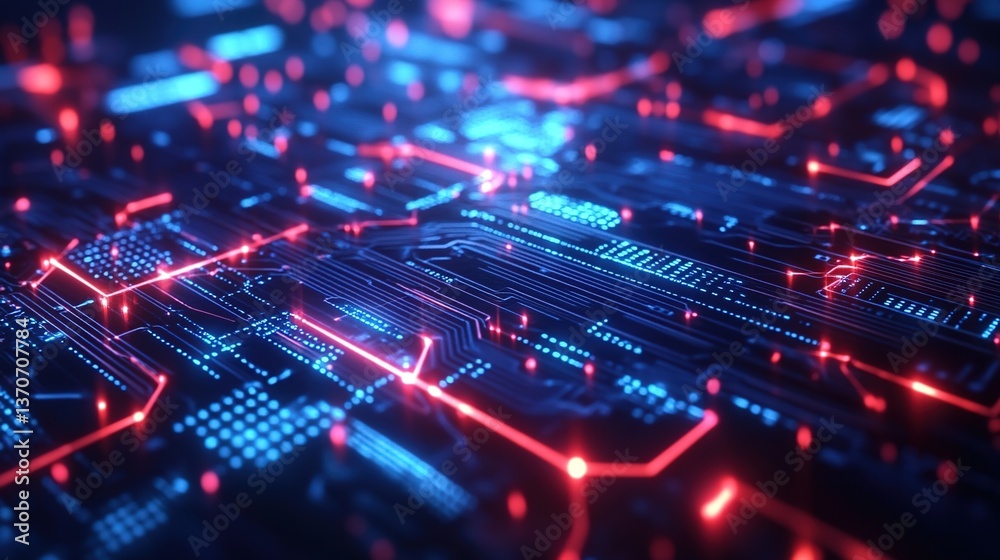 A detailed close-up of a circuit board with glowing blue lines and red lights, futuristic technology A detailed close-up of a circuit board with glowing blue lines and red lights, futuristic technology