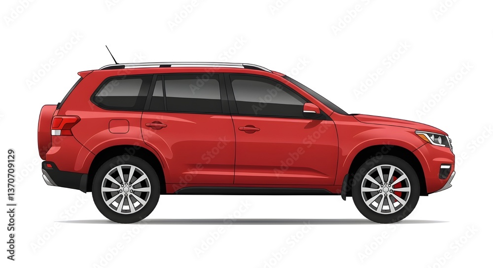 A vector illustration of a modern red car SUV, side view, with black trim and silver alloy wheels. Isolated on white background. Perfect for automotive concepts and transportation themes. A vector illustration of a modern red car SUV, side view, with black trim and silver alloy wheels. Isolated on white background. Perfect for automotive concepts and transportation themes.
