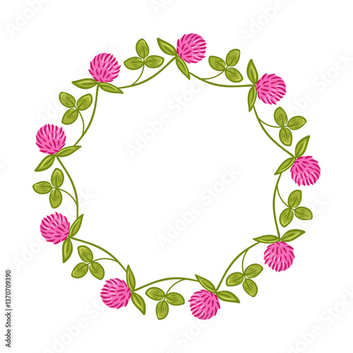 A beautifully designed vector illustration of a red clover wreath, featuring lush blossoms and vivid green leaves. This decorative piece embodies a natural, vibrant aesthetic perfect for various