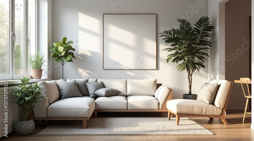 modern minimalist living room with sectional sofa and armchair