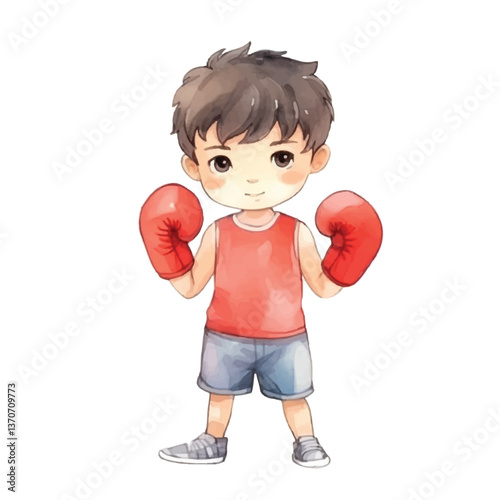 kid boxing cute watercolors illustration on white background