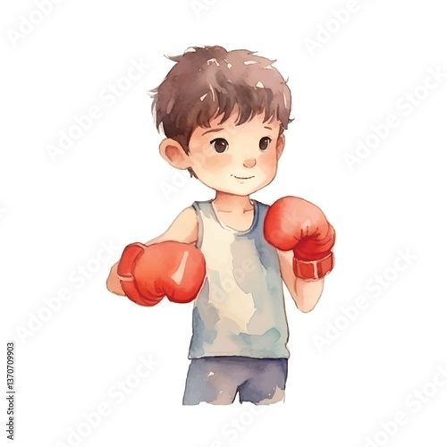 kid boxing cute watercolors illustration on white background
