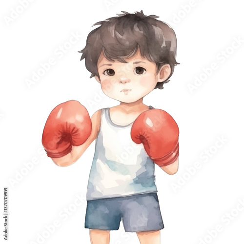 kid boxing cute watercolors illustration on white background