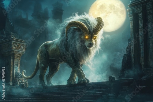 Majestic Chimera Guardian with Golden Mane in Enchanted Ancient Temple Ruins Under Mystical Moonlight