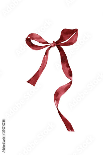 Vintage Watercolor Bow Illustration: Elegant Ribbon Art for Design, Burgundy Dark Red Bow with Long Tails, Ideal for Holiday and Wedding Projects