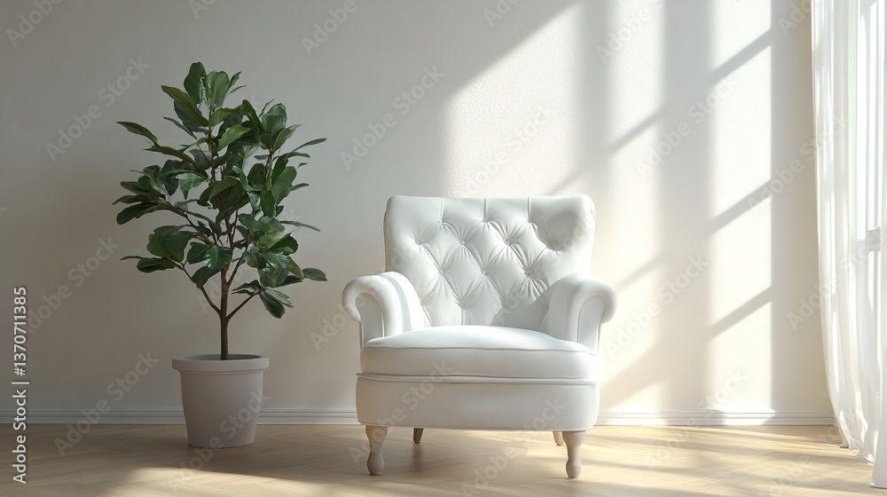 A classic armchair with tufted backrest in a bright room with sunlight streaming through a window, a plant in a pot A classic armchair with tufted backrest in a bright room with sunlight streaming through a window, a plant in a pot