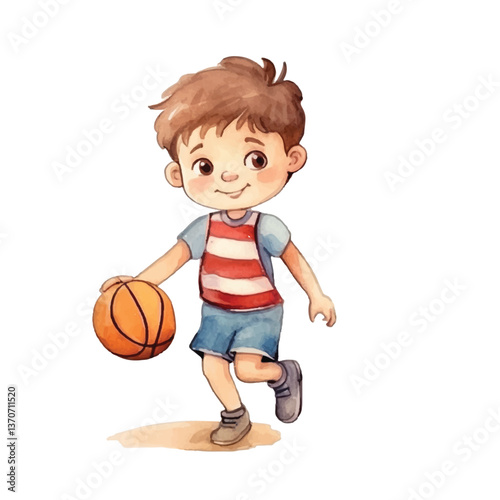 kid playing basketball  cute watercolors illustration on white background