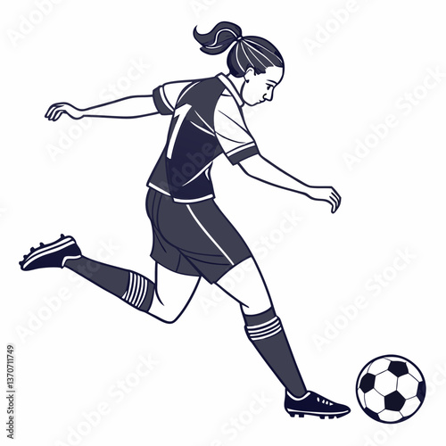 Girl football player kicks, hits with foot, pass ball. Sportswoman in uniform plays soccer. Professional athlete training for sports game competition. Flat isolated vector illustration on white