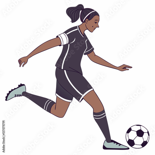 Girl football player kicks, hits with foot, pass ball. Sportswoman in uniform plays soccer. Professional athlete training for sports game competition. Flat isolated vector illustration on white