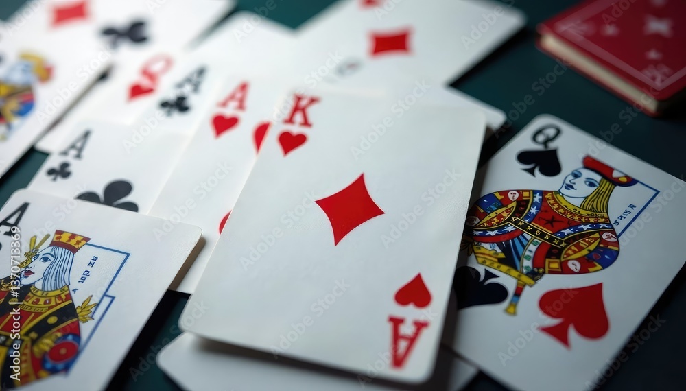 Playing cards arranged in a classic ace pattern , design, aces, casino Playing cards arranged in a classic ace pattern , design, aces, casino