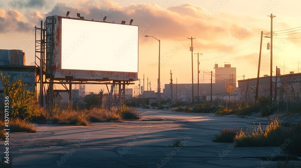 A blank billboard in a desolate urban setting at sunset A blank billboard in a desolate urban setting at sunset