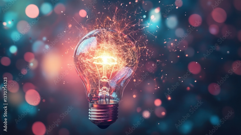 A light bulb glowing with vibrant colors and sparks, representing innovation and creativity in the digital space. The background is blurred to emphasize the lighting effect of the bulb. A light bulb glowing with vibrant colors and sparks, representing innovation and creativity in the digital space. The background is blurred to emphasize the lighting effect of the bulb.