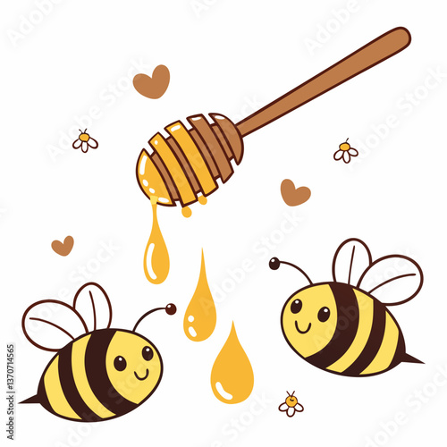 Bee honey sign with bee cartoons, honey stick and drop isolated on white background vector
