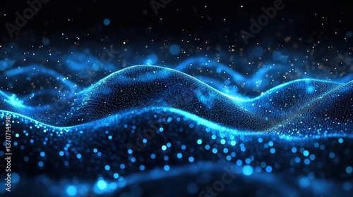 Abstract blue glowing particles forming a wave-like shape