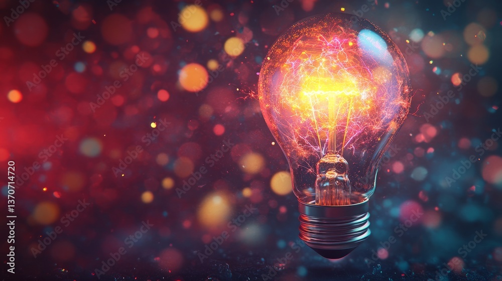 A light bulb glowing with vibrant colors and sparks, representing innovation and creativity in the digital space. The background is blurred to emphasize the lighting effect of the bulb. A light bulb glowing with vibrant colors and sparks, representing innovation and creativity in the digital space. The background is blurred to emphasize the lighting effect of the bulb.
