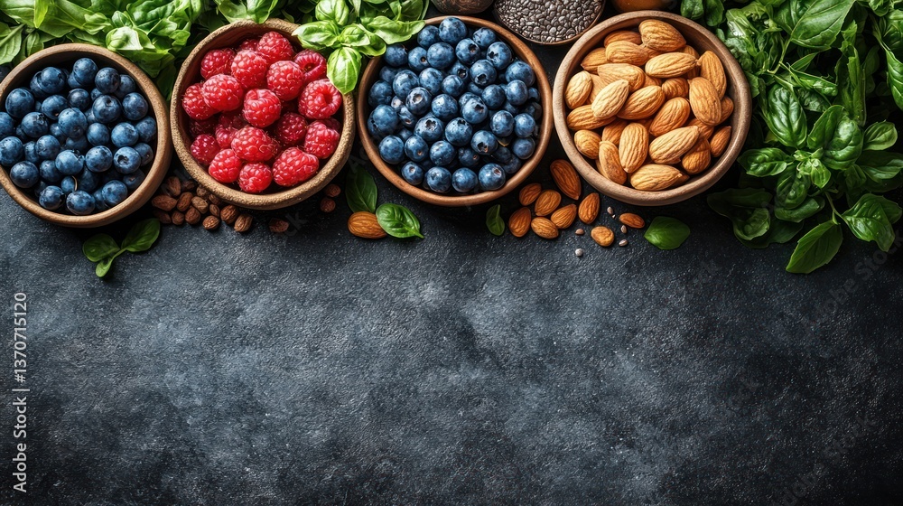 Obraz premium Fresh Berries, Nuts, and Herbs Arranged on Dark Stone Surface