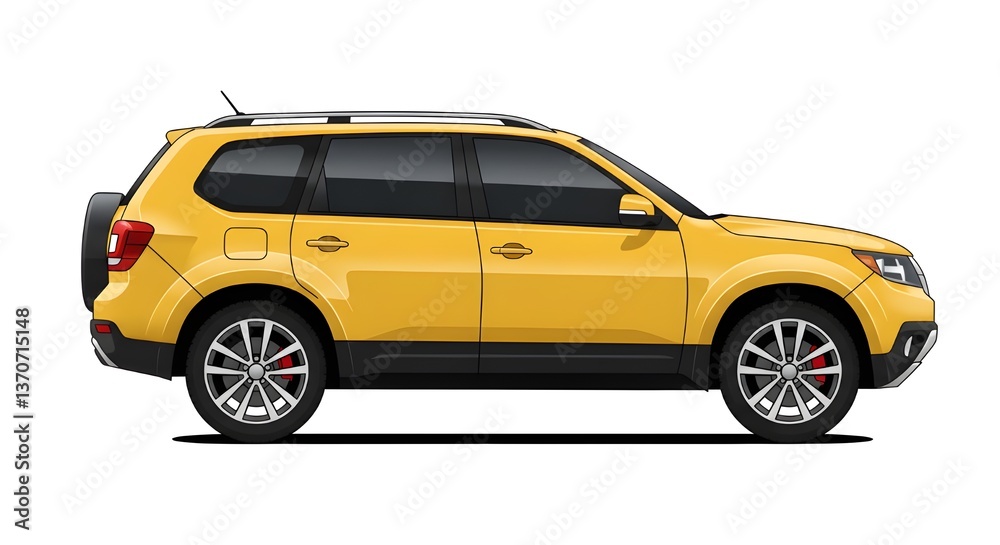 Fototapeta premium A vector illustration of a modern yellow car SUV, side view, with black trim and silver alloy wheels. Isolated on white background. Perfect for automotive concepts and transportation themes.