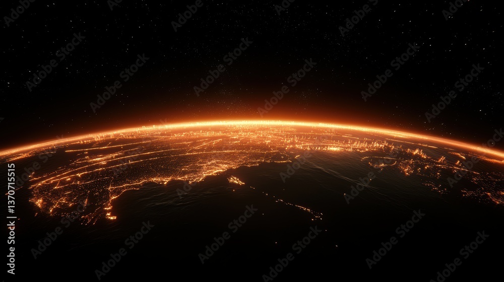 Fototapeta premium A network of glowing fiber optic cables linking different futuristic cities.