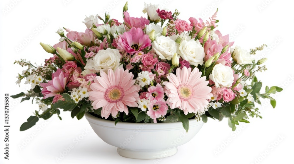 Fototapeta premium Vibrant beautiful bouquet of pink and white flowers arranged in a white vase during a March celebration