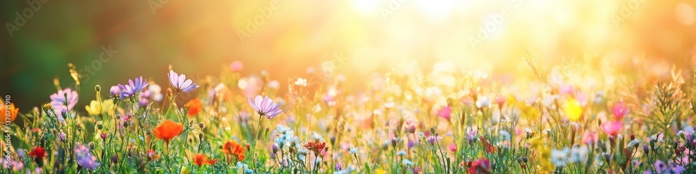 Vibrant Spring Meadow Showing Colorful Wildflowers and Lush Green Grass Under Soft Sunlight Vibrant Spring Meadow Showing Colorful Wildflowers and Lush Green Grass Under Soft Sunlight