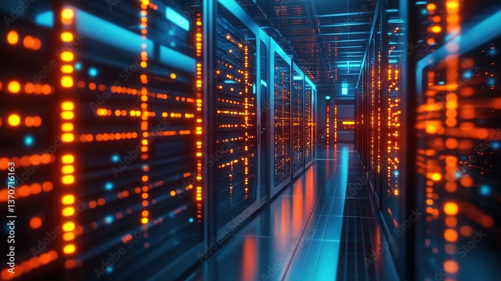 Fototapeta premium A server room with glowing red and blue lights, rows of computer servers