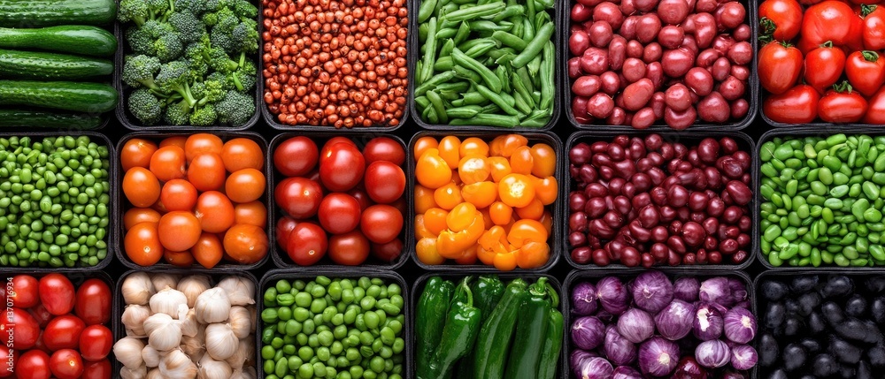 Varied assortment of fresh produce in containers Varied assortment of fresh produce in containers