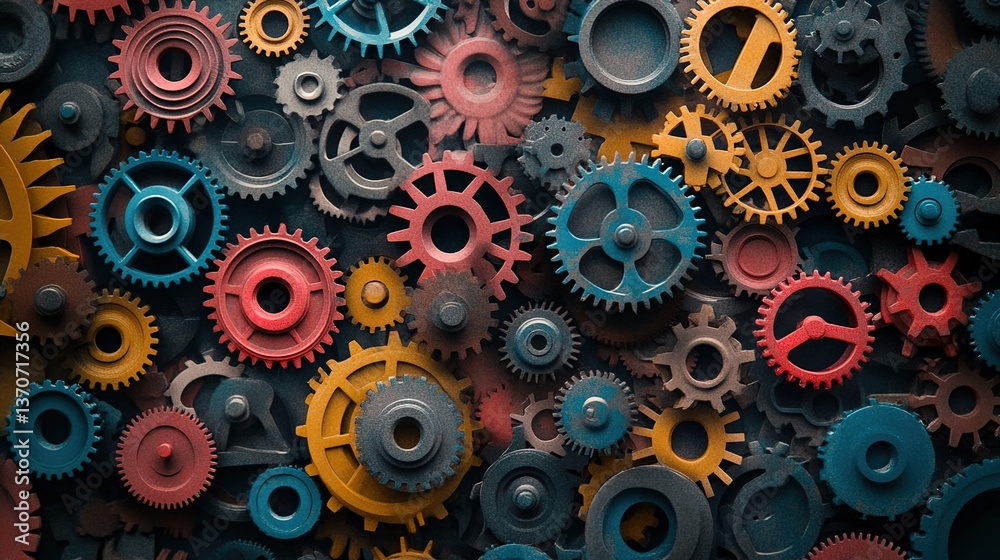 A close-up view of a complex arrangement of colorful gears A close-up view of a complex arrangement of colorful gears