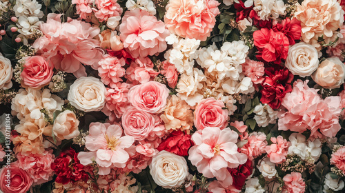 ピンクと白のバラや芍薬が敷き詰められた華やかなフラワーウォール