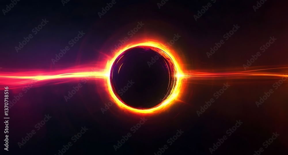 Fototapeta premium Abstract colorful light effects with a black hole sun eclipse in a dark sky. Illustration for banners or posters, featuring glowing elements and 3D rendering on a black background.