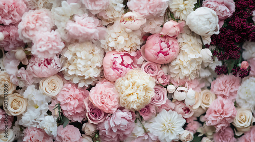 ピンクと白のバラや芍薬が敷き詰められた華やかなフラワーウォール