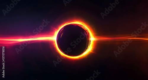 Abstract colorful light effects with a black hole sun eclipse in a dark sky. Illustration for banners or posters, featuring glowing elements and 3D rendering on a black background.