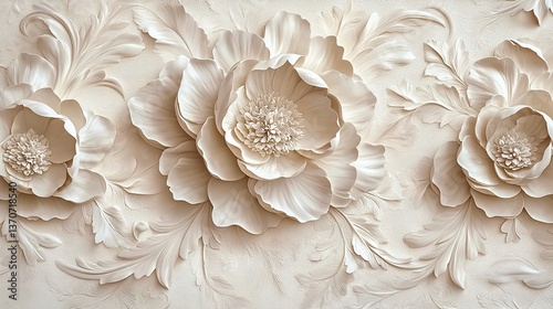 A 3D embossed floral pattern with white flowers on a textured white background