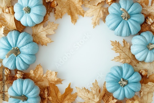 Flat lay autumn composition. Frame made of aqua colour pumpkins and dried golden leaves. Harvest thanksgiving halloween
