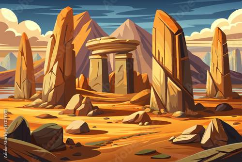 Ancient Rock formations with faded historical carvings historical landscape, Highly detailed vector illustration