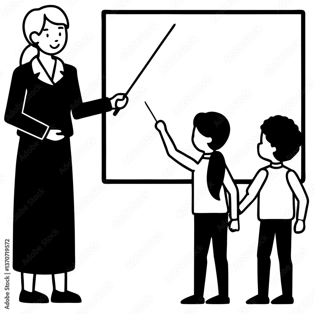 A silhouette of a teacher explaining a lesson to students, using a pointer stick and visual aid A silhouette of a teacher explaining a lesson to students, using a pointer stick and visual aid