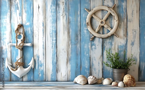 A vintage-style blue and white wooden wall adorned with marine elements like seashells, an anchor, a life ring, and a potted plant, perfect for coastal decor and nautical-themed interiors.