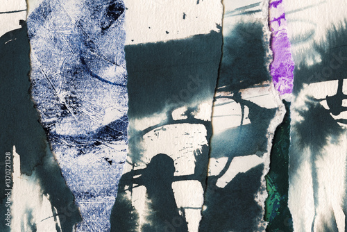 Abstract mixed media collage combining torn paper fragments with expressive ink marks and watercolor textures. Deep teal, purple, and monochrome elements create a dramatic composition with raw edges 