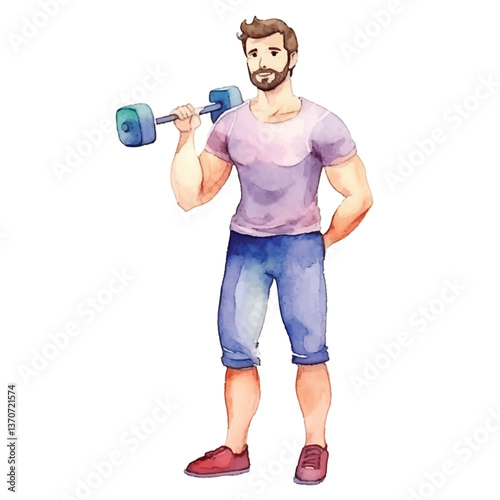 man on gym cute watercolors illustration on white background