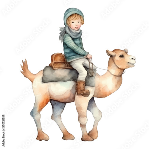 man riding camel cute watercolors illustration on white background