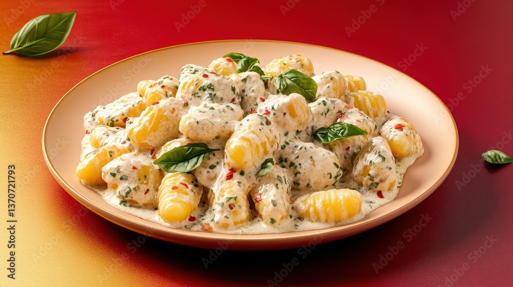 Close-up of creamy gnocchi dish with basil, plated on a red/gold backdrop. Close-up of creamy gnocchi dish with basil, plated on a red/gold backdrop.