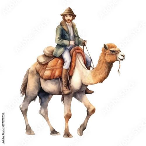man riding camel cute watercolors illustration on white background