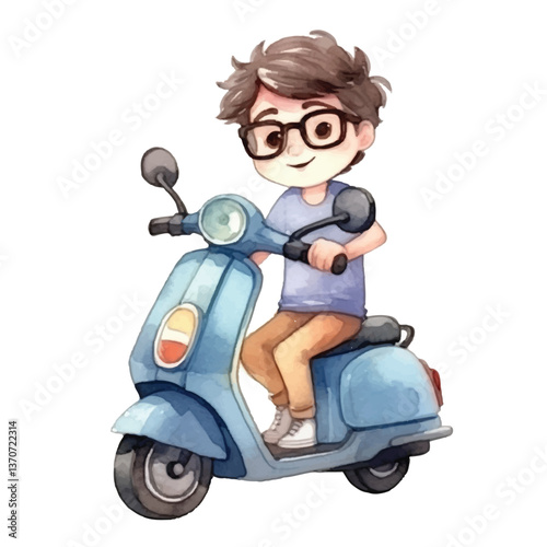  man riding scooter cute watercolors illustration on white background