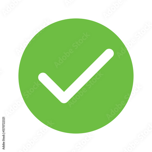 Green positive vote round button with checkmark accept complete task badge vector illustration. Success confirmation logotype keypad agree approved check mark. Done checkbox. Tick button emoji icon.