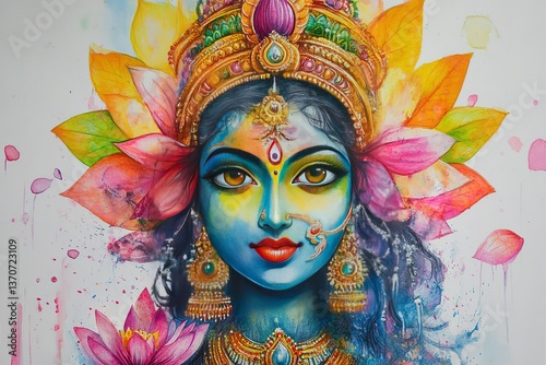 God Laxmi with Lotus big hairs colorful
