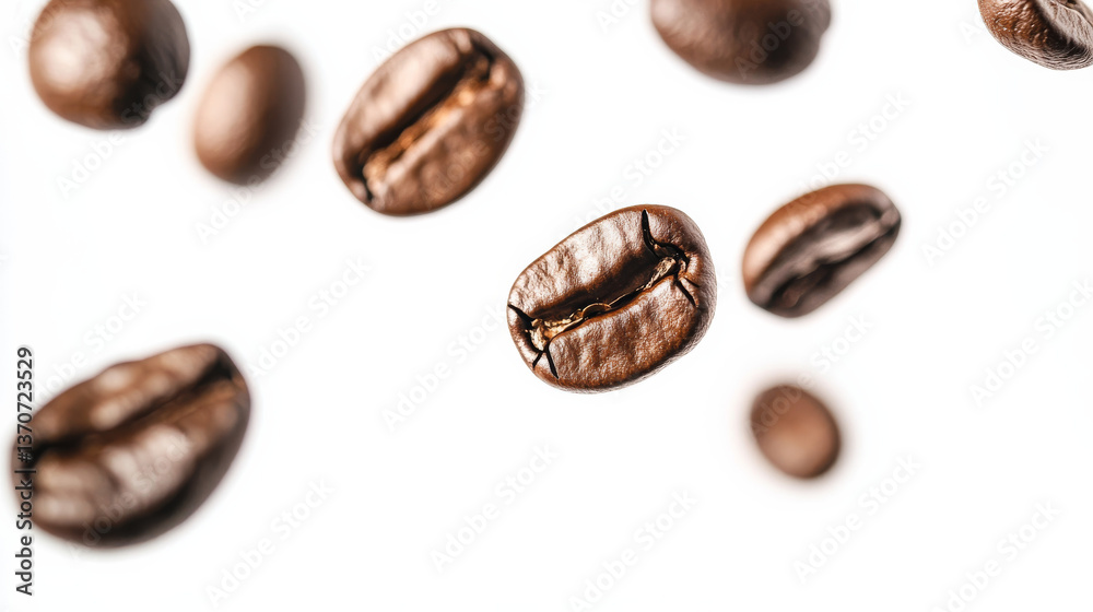 Coffee beans cascade through the air, frozen in motion against a stark white background, highlighting their rich, roasted tones Coffee beans cascade through the air, frozen in motion against a stark white background, highlighting their rich, roasted tones