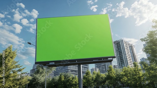Billboard with Green Screen in Urban Park Under Cloudy Blue Sky